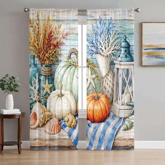 Fall Coastal Pumpkins Sheer Curtains 63 Inch Length 2 Panels Set, Ocean Nautical Coral Wood Grain Voile Window Treatment Rod Pocket Curtains Sheers Drapes for Bedroom/Living Room/Kitchen 52x"63"x2