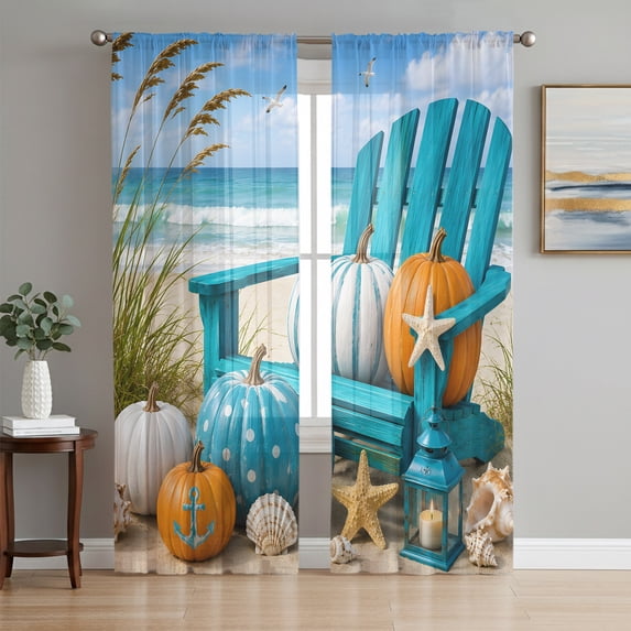 Fall Coastal Pumpkins Sheer Curtains 84 Inch Length 2 Panels Set, Thanksgiving Nautical Beach Starfish Window Treatment Rod Pocket Curtains Sheers Drapes for Bedroom/Living Room/Kitchen 52"x84"x2