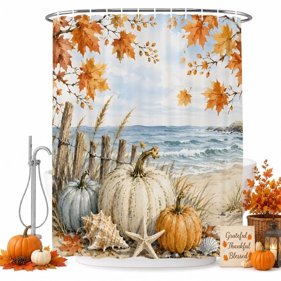 Fall Coastal Pumpkins Shower Curtain Set - Extra Long 72" x 96" Washable Bathtub Curtain with 12 Hooks, Ocean Nautical Waves Maple Leaves Waterproof Fabric Stall Shower Curtains for Bathroom Décor