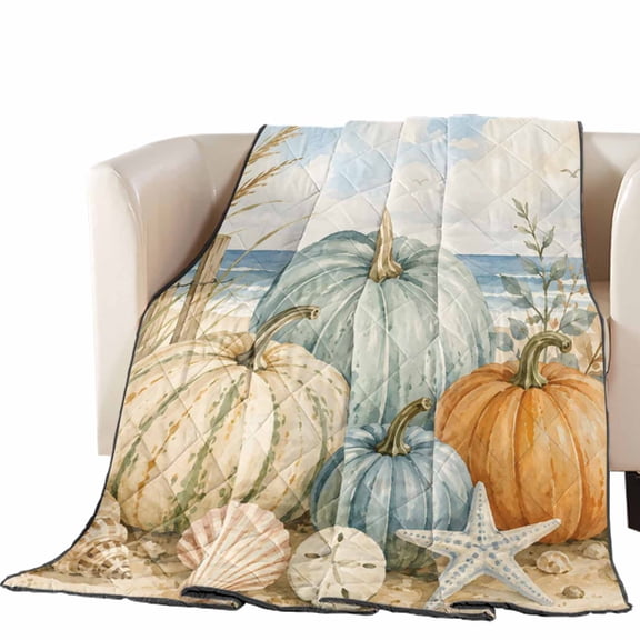Fall Coastal Quilted Comforters Cooling Blanket Oversized King Size, Orange Blue Beige Pumpkins Starfish Seashell Nautical Cold Comfort for Hot Sleepers Air Conditioning Quilt Blanket for Bed