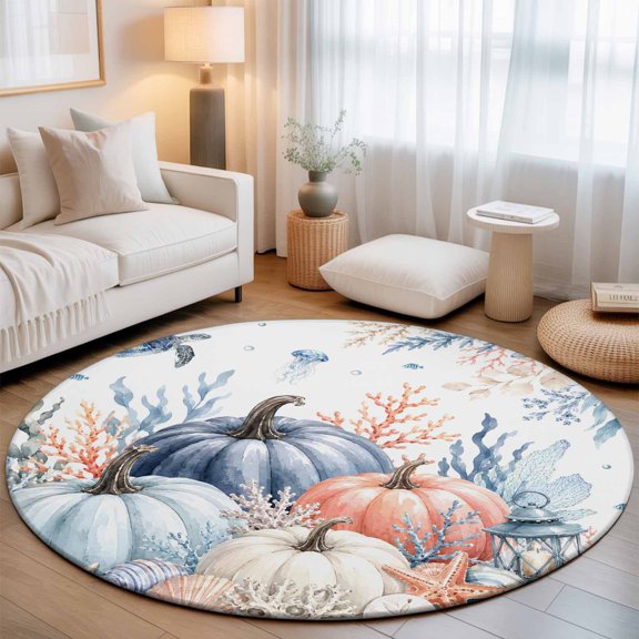 Fall Coastal Small Round Rug 3Ft Slate Blue Pumpkin Marine Plant Sea Turtle Coral Area Rugs Washable Non Slip Indoor Floor Mats Circle Carpet for Living Room Bedroom Dining Room Home Decor