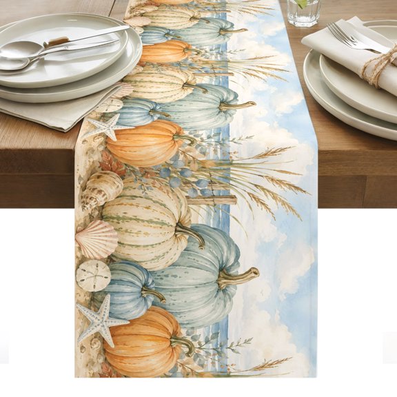 Fall Coastal Table Runner, Orange Blue Beige Pumpkins Starfish Seashell Nautical Washable Kitchen Table Runners Dress Scarves for Dining Table Decorations Party/Restaurant/Indoor Outdoor Use, 13x36in