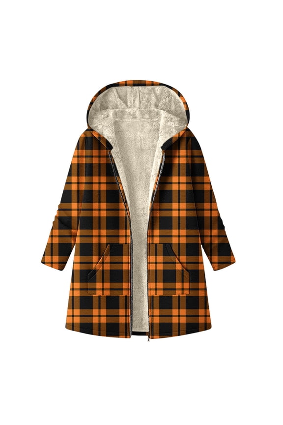 Fall Coats Sevevn Women's Checkered Print Jacket Long Sleeve Zipper Fleece Lined Fashionable Casual Hooded Outwear Coat