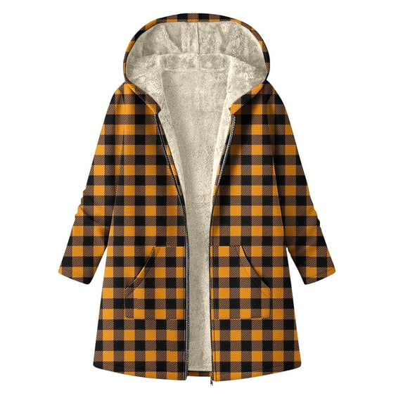 Fall Coats Sevevn Women's Checkered Print Jacket Long Sleeve Zipper Fleece Lined Fashionable Casual Hooded Outwear Coat