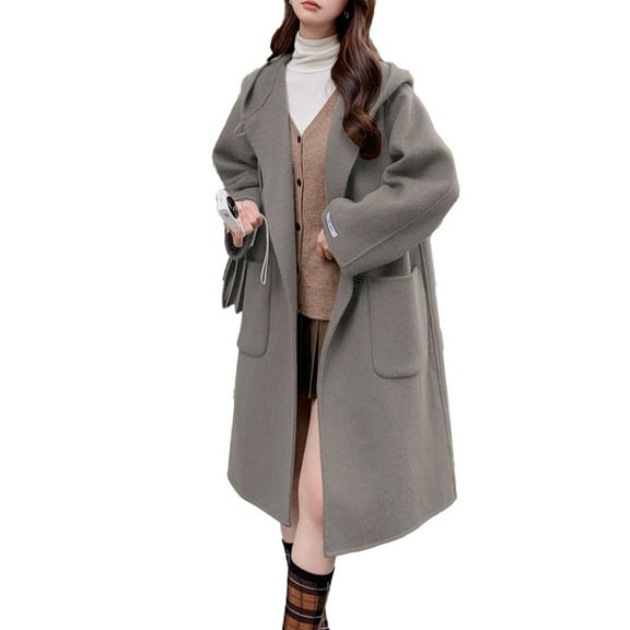Fall Coats for Women 2025, Yigetop Women's Autumn and Winter Style Mid Length Hooded Woolen Coat with Toggle Buttons in Style Coats for Women Trendy Grey L