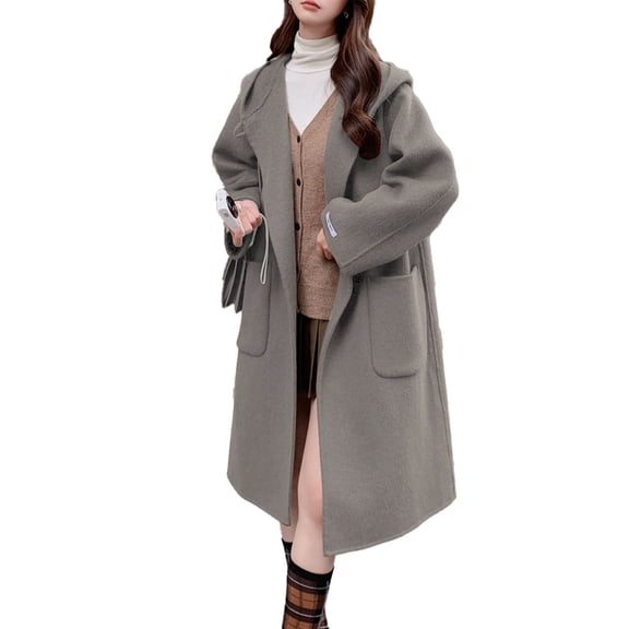 Fall Coats for Women 2025, Yigetop Women's Autumn and Winter Style Mid Length Hooded Woolen Coat with Toggle Buttons in Style Coats for Women Trendy Grey XL