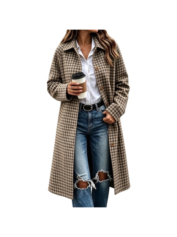 Fall Coats for Women Plaid Checkered Long Trench Coat with Lapel and Pockets for Autumn Street Walks and Weekend Trips