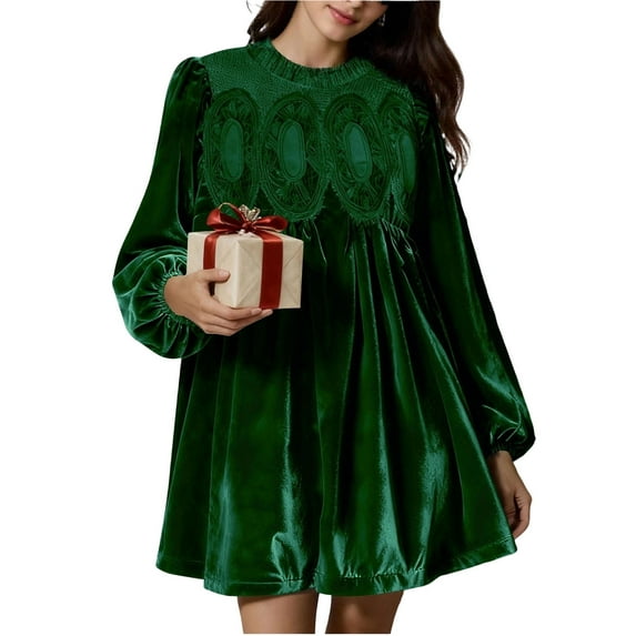 Fall Cocktail Dresses for Women 2023 Elegant Velvet Puffy Long Sleeve Wedding Guest Dress Vintage Crewneck High Waisted Smocked Swing A Line Long Maxi Dress