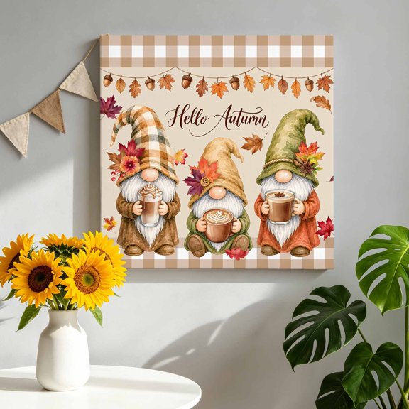 Fall Coffee Gnomes Canvas Wall Art for Living Room, Thanksgiving Maple Leaf Brown Plaid Khaki Poster Print Painting for Bedroom Office Home Decoration Wall Pictures Prepare To Hang 8"x8"