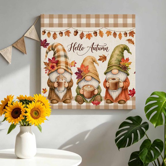Fall Coffee Gnomes Canvas Wall Art for Living Room, Thanksgiving Maple Leaf Brown Plaid Linen Texture Poster Print Painting for Bedroom Office Home Decoration Wall Pictures Prepare To Hang 8"x8"