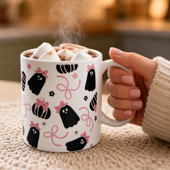 Fall Coffee Mug, Ceramic Coffee Mug, Halloween Kitchen Decor, Halloween Pumpkin, Smooth White Body Printed with Coquette Style Ghost Illustrations for Casual Home and Office Hot