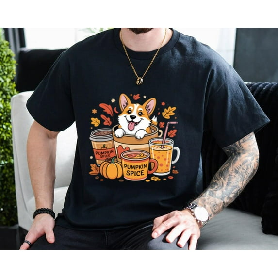 Fall Coffee Pumpkin Spice Latte Iced Autumn Corgi Dog Lover Gift Unisex T-Shirt, for men & women, up to size 5XL.