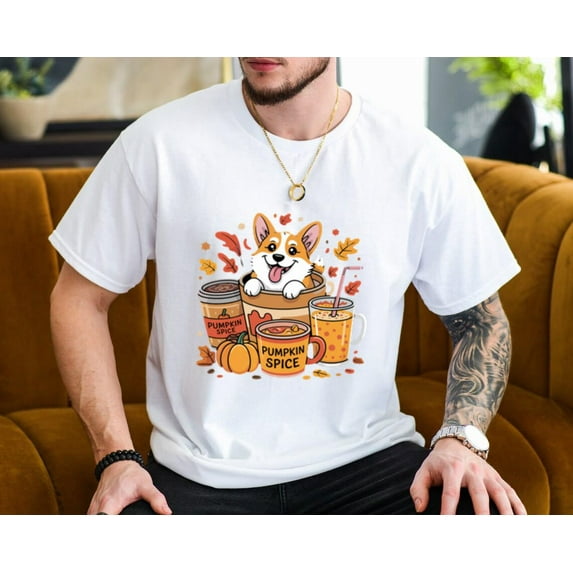 Fall Coffee Pumpkin Spice Latte Iced Autumn Corgi Dog Lover Gift Unisex T-Shirt, for men & women, up to size 5XL.