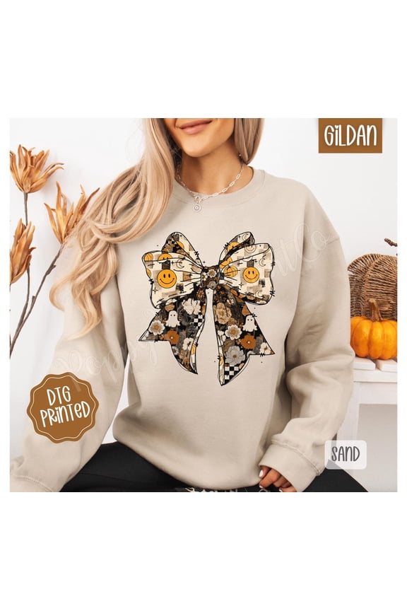 Fall Collage Bow Sweatshirt, Trendy Women's Autumn Sweater, Spooky Smile Face Sweater, Aesthetic season Sweatshirt, Coquette Fall Shirt All Size S-5Xl