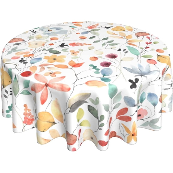 Fall Color Floral Tablecloth Round 60 Inch Watercolor Abstract Flower Leaf Print Rustic Autumn Decorative Table Cloth Decor for Home Kitchen
