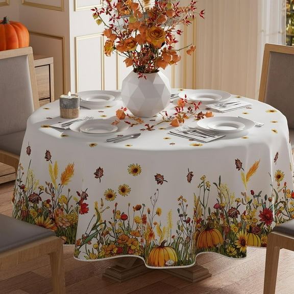 Fall Color Wild Flowers Pumpkin Tablecloth Round Washable Table Covers for Home Party Decorations 60x60 Inch