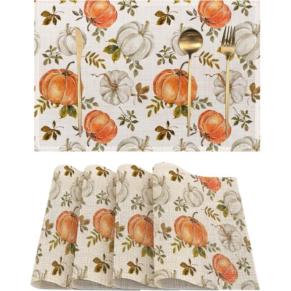 Fall Colorful Pumpkins Placemats Set of 4, Linen Place Mats Heat Resistant Non-Slip Washable Table Mats for Dining Kitchen Party Decor 12"x18"