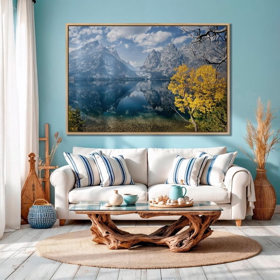 Fall Colors In Grand Teton National Park Wall Art Mountain Landscape Reflection In The Water Decor Poster White Clouds Wall Art Decor, Unframed Canvas Size 24x36