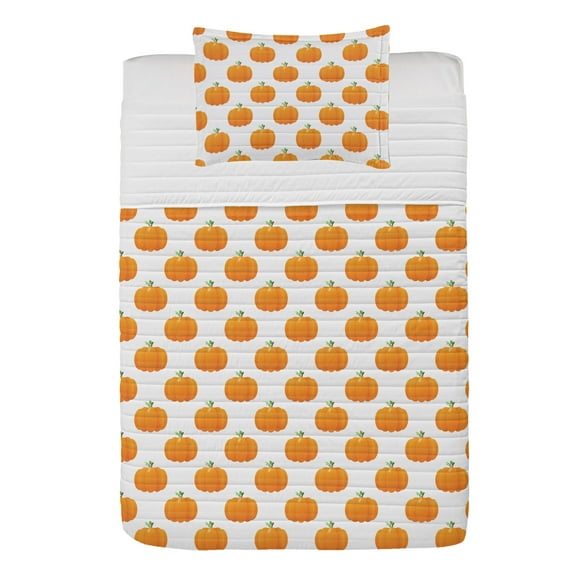 Fall Colors Microfiber Bedspread Set, Cartoon Pumpkins Repetition Harvest Time Thanksgiving Halloween, Soft Bedding Set with Pillow Shams & Comforter, 3 Sizes, Orange Lime Green White, by Ambesonne