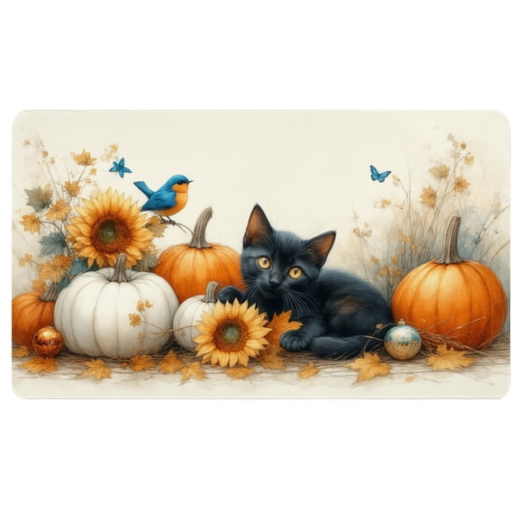 Fall Computer Mat,A black cat sitting next to a bunch of pumpkins and sunflowers,24 x 14 Inch,Nonslip Desk Mat,Mouse and Keyboard Mat