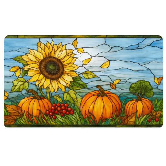Fall Computer Mat,A stained glass window with sunflowers and pumpkins,24x14 In,Flat Mouse Pad,Desk Pad Mat