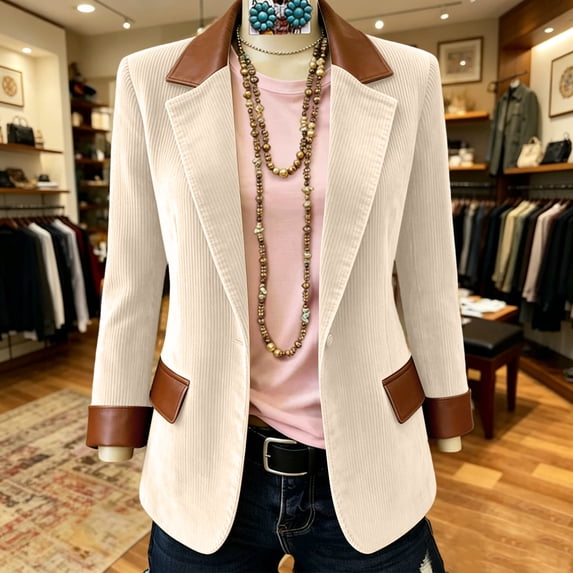 Fall Corduroy Blazer for Women Faux Leather Cuff Collar Trim One Button Closure Lapel Solid Color Fashion Casual Cozy Outerwear Beige XXL