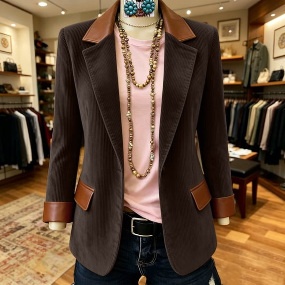 Fall Corduroy Blazer for Women Faux Leather Cuff Collar Trim One Button Closure Lapel Solid Color Fashion Casual Cozy Outerwear Coffee S