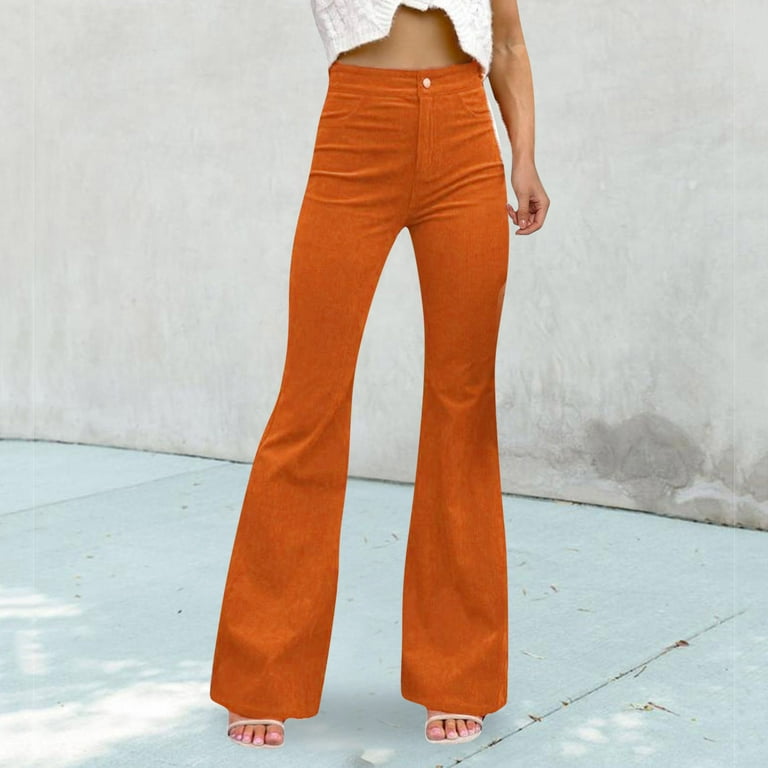 Sanbonepd Orange Trousers Pants for Women Petite Women Work Pants Weekend Polyester Dress Pants for Women Women Corduroy Flare Pants Elastic Waist
