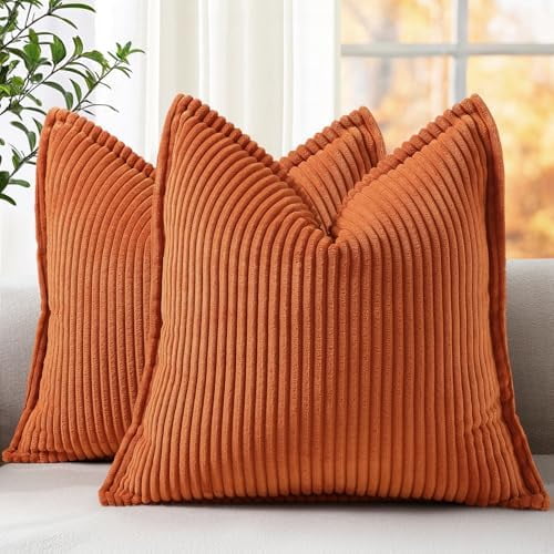 Fall Corduroy Rust Throw Pillow Covers 24x24 Set of 2 Decorative Soft Boho Farmhouse Euro Couch Pillow Covers for Living Room Bed Sofa Broadside Striped Pillow Cases
