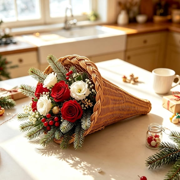 Fall Cornucopia Basket Centerpiece 11 Inch, Imitation Vine, Wicker Horn of Plenty, for Christmas Harvest Dining Table Decor, Autumn Party Decorations, Reusable Imitation Vine Dining Display