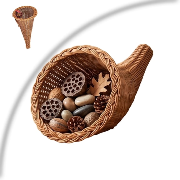Fall Cornucopia Basket Centerpiece 11 Inch, Imitation Vine Wicker Horn of Plenty, for Harvest Thanksgiving Table, Autumn Party Decorations, Reusable Imitation Vine Dining Display