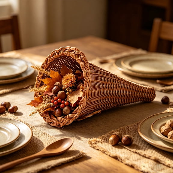 Fall Cornucopia Basket, Thanksgiving Table Centerpiece Decoration, 11Inch Horn of Plenty Basket, For Autumn Home Kitchen Dinner Holiday Decor