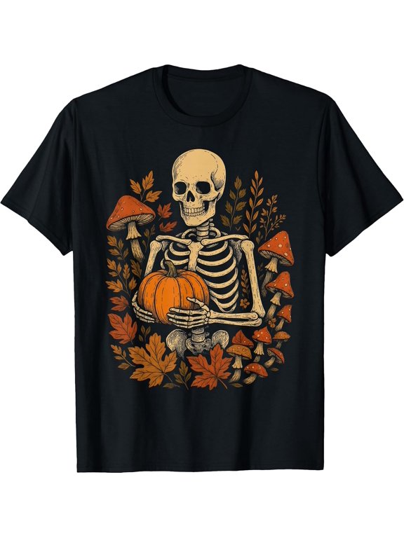 Fall Cottagecore Aesthetic Floral Mushroom Skeleton Pumpkin T-Shirt- Classic halloween shirt Unisex 100% Cotton T-Shirt Breathable Casual Everyday Wear Affordable t shirts