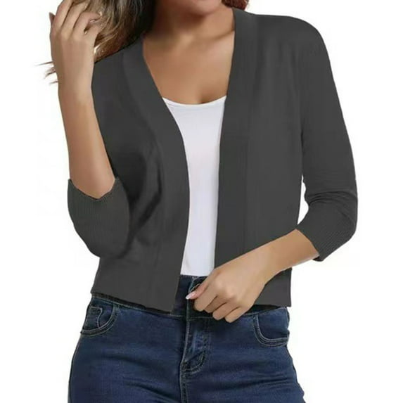 Fall Cotton 44989 Sleeve Cardigan for Women Gray Cover-Up Solid Color Wide Neck Women's Knitwear Elegant Simple Versatile Short Coat L