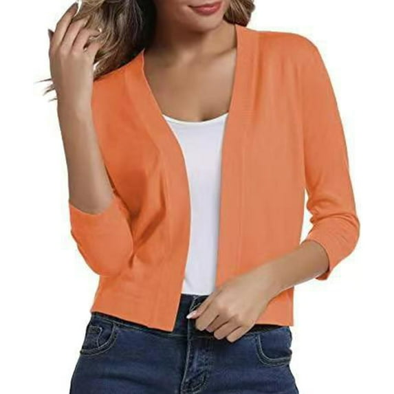 Fall Cotton 44989 Sleeve Cardigan for Women Orange Cover-Up Wide Neck Women's Solid Color Knitwear Elegant Simple Versatile Short Coat M