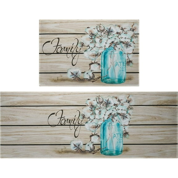 Fall Cotton Boll Kitchen Rugs Set 2 Piece Vintage Wood Grain Farmhouse Decorative Rug Runner for Kitchen Low-Profile Floor Mats Decorations for Home Kitchen(17"x48"+17"x24")