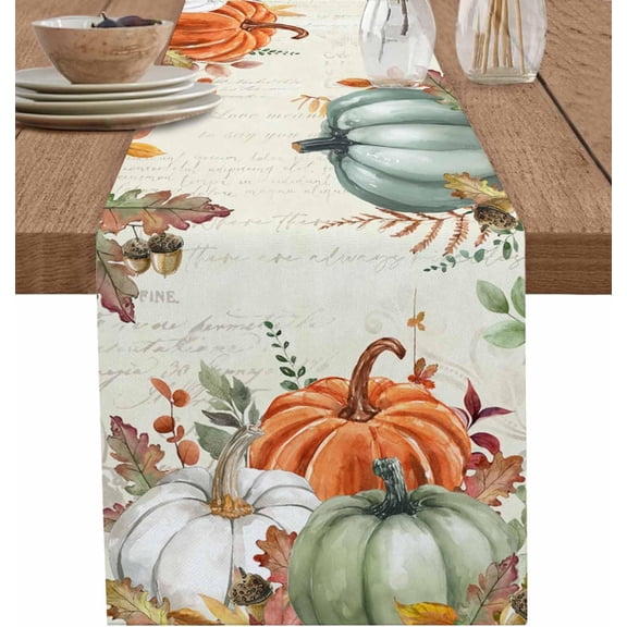 Fall Cotton Linen Table Runner Vintage Fall Orange Green White Pumpkins Table Runners Rustic Fallen Leaves Fall Decor Autumn Thanksgiving Farmhouse Table Runners for Dinning Table -13x108 Inch