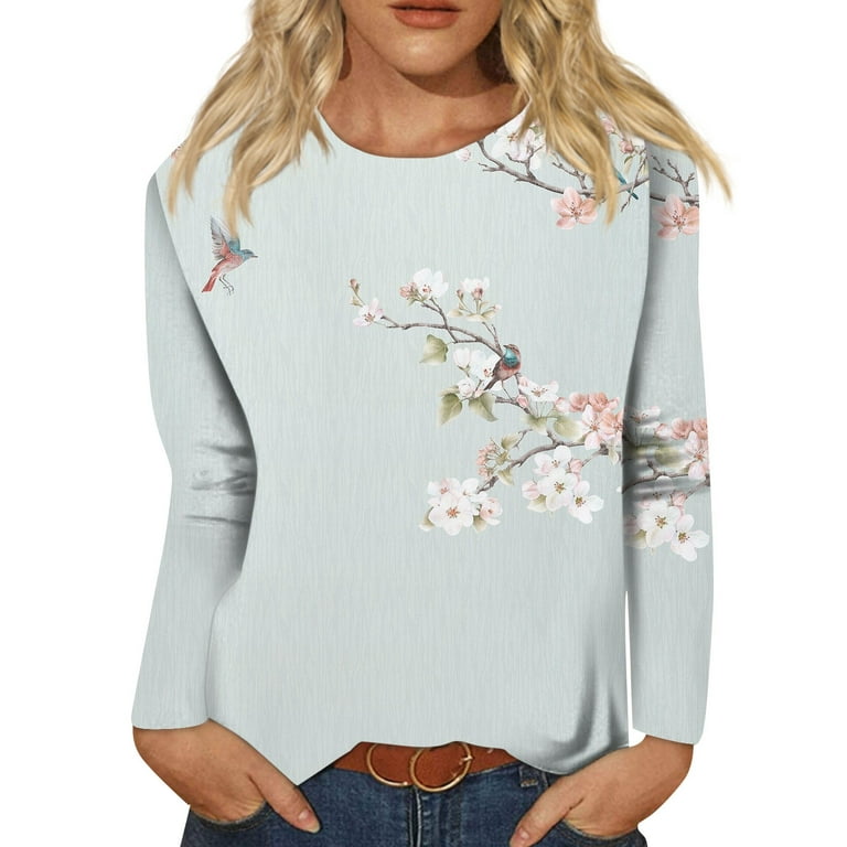 Fall Cotton Tops for Women 2023 Fall Tops for Women Womens Tops Long Sleeve  Crewneck Cute Shirts Casual Print Trendy Tops Three Guarter Length T Shirt