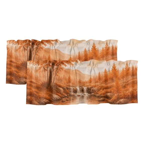 Fall Country 2 Panels Kitchen Valance, Cascade Landscape Waterfall Orange Maple Trees Rustic Curtains Valances for Small Windows Rod Pocket Window Treatments for Living Room Bedroom 42" W x 12" L