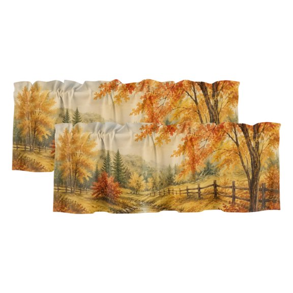 Fall Country 2 Panels Kitchen Valance, Forest Golden Orange Birch Tree River Valley Shabby Chic Curtains Valances for Small Windows Rod Pocket Window Treatments for Living Room Bedroom 42" W x 12" L