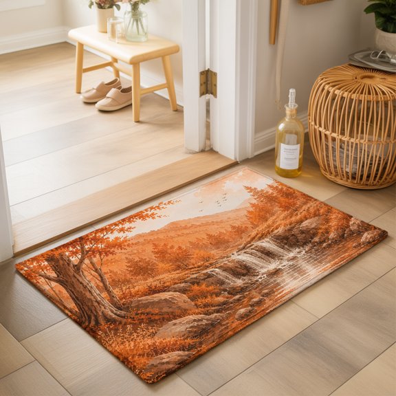Fall Country 2'x3' Small Rugs for Entryway Front Door Kitchen Sink Area, Cascade Landscape Waterfall Orange Maple Trees Rustic Soft Sturdy Mats Washable Non Slip Rectangle Area Rug
