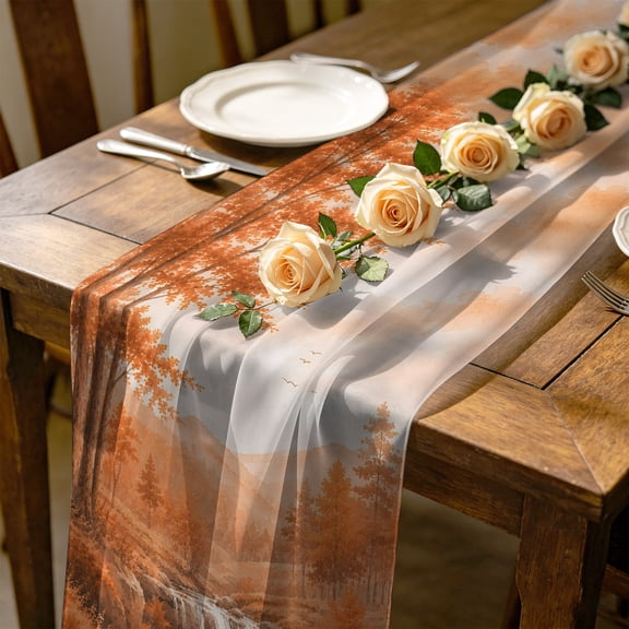Fall Country 4.5 ft Cheesecloth Table Runner for Wedding 19"x55", Cascade Landscape Waterfall Orange Maple Trees Rustic Kitchen Dinner Sheer Tulle Chiffon Dresser Scarf, Holiday Party Decorations