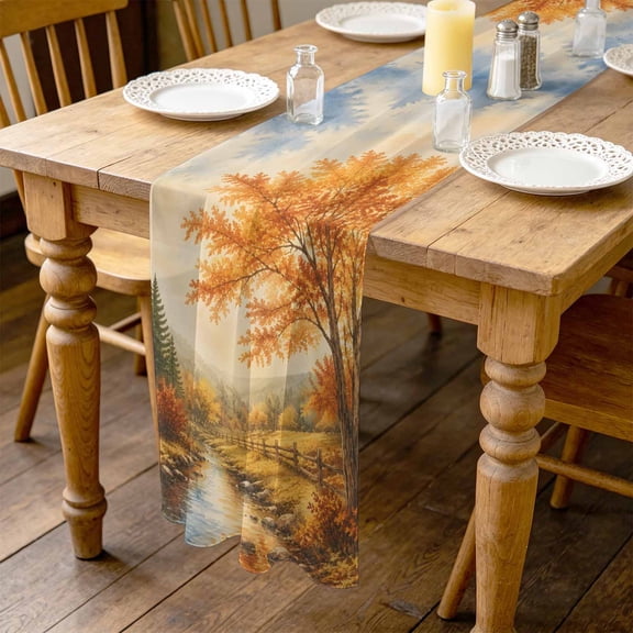 Fall Country 4.5ft Cheesecloth Table Runner for Wedding 19"x55", Forest Golden Orange Birch Tree River Valley Shabby Chic Kitchen Dinner Sheer Tulle Chiffon Dresser Scarf, Holiday Party Decorations