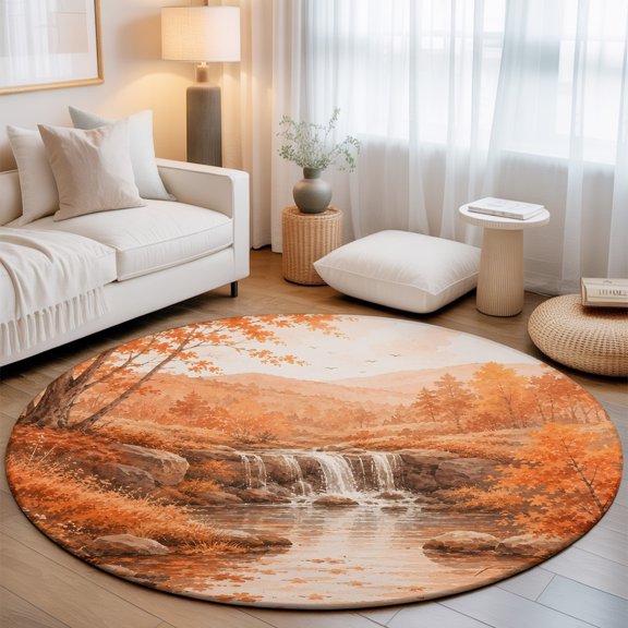 Fall Country 7' Round Rugs for Living Room Conversation Area, Cascade Landscape Waterfall Orange Maple Trees Rustic Washable Non Slip Large Circle Area Rug Under Dining Table