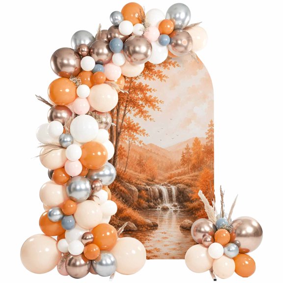 Fall Country Arch Backdrop Cover 5 FT, Cascade Landscape Waterfall Orange Maple Trees Rustic Wedding Arch Cover Stretchy Backdrop Stands Covers for Birthday Party Ceremony Banquet Decor