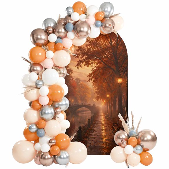 Fall Country Arch Backdrop Cover 6Ft, Wedding Arch Covers Stretchy Backdrop, Autumn Vintage Maple Leaves Street Lights Fitted 2 Sided Arched Photo Background for Birthday Party Decorations