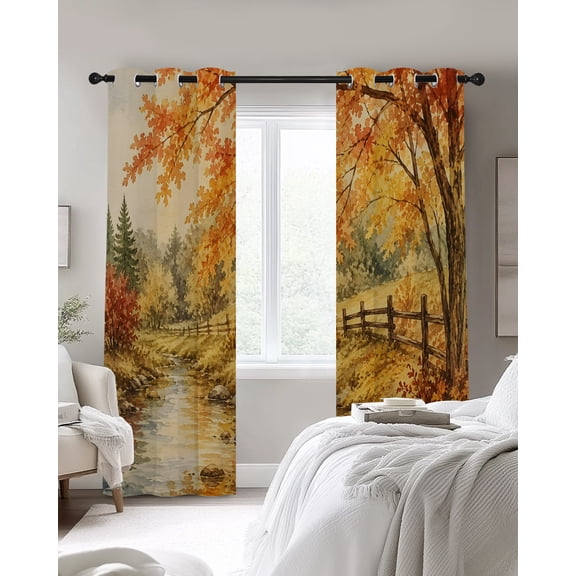 Fall Country Blackout Curtains 2 Panels, Forest Golden Orange Birch Tree River Valley Shabby Chic Thermal Insulated Grommet Window Curtains for Bedroom Living Room 52"x90"