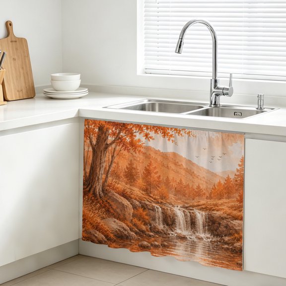 Fall Country Cabinet Curtains for Kitchen 11"W x 13"L, Cascade Landscape Waterfall Orange Maple Trees Rustic Vanity Cabinet Curtains Magic Tape Short Curtain Decor Privacy Panel for Bathroom Laundry