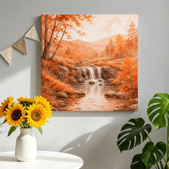 Fall Country Canvas Wall Art, Cascade Landscape Waterfall Orange Maple Trees Rustic Framed Canvas Wall Decor Picture Print Artwork Decorations for Living Room Office Ready to Hang 8" x 8"