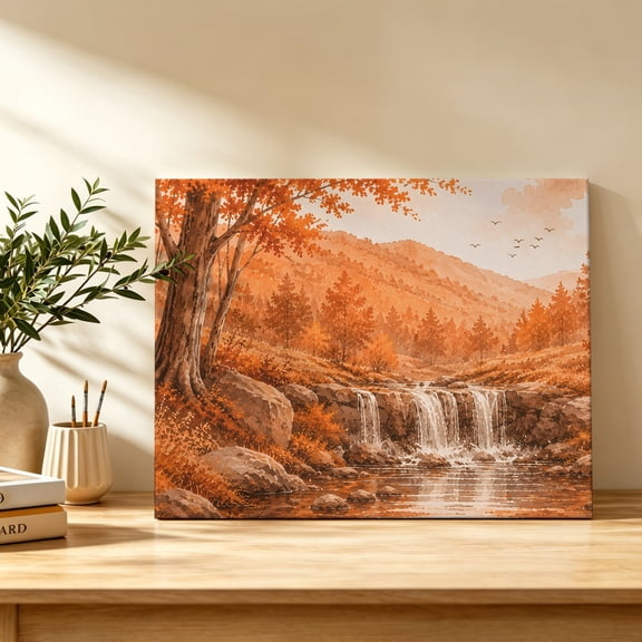 Fall Country Canvas Wall Art, Cascade Landscape Waterfall Orange Maple Trees Rustic Wall Art Prints Artwork Framed Canvas Ready to Hang Art Pictures for Bathroom Bedroom Entry Desk Corner 10" x 8"
